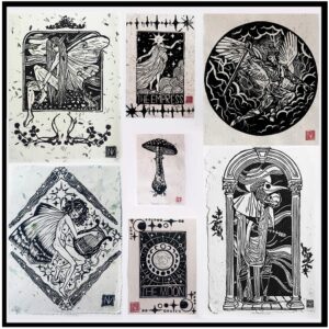 Natalie Kraepel, Van Roth Arts. Woodcut and Linocut prints on handmade paper. The Sunday Artisan Market, Ann Arbor Michigan.