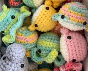 Hand crocheted sea creatures from Happy Little Whales by Stacie Benison. Sunday Artisan Market, Ann Arbor, MI.